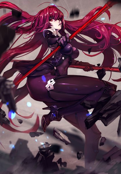 Anime picture 1328x1909 with fate (series) fate/grand order scathach (fate) (all) scathach (fate) dutomaster single tall image looking at viewer fringe light erotic hair between eyes red eyes standing holding purple hair ahoge very long hair high heels floating hair covered navel