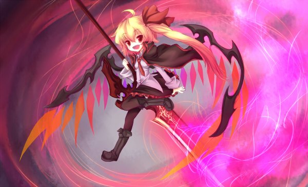 Anime picture 1200x728 with touhou flandre scarlet cicin (artist) single long hair open mouth blonde hair red eyes wide image one side up girl dress weapon necktie
