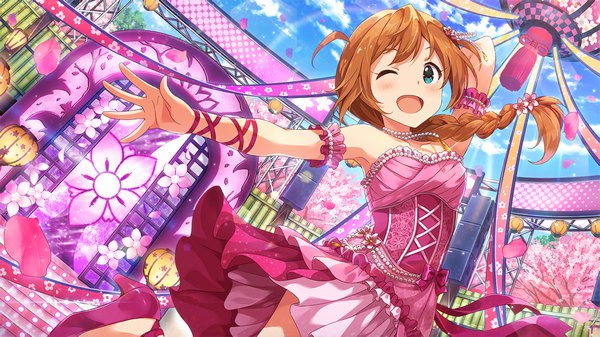 Anime picture 1282x722 with idolmaster idolmaster million live! baba konomi single long hair blush open mouth blue eyes brown hair wide image looking away braid (braids) one eye closed wink official art dutch angle cherry blossoms single braid arm behind head dancing