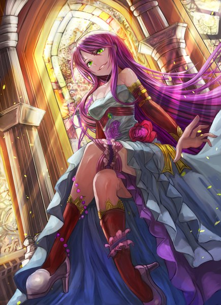 Anime-Bild 2000x2754 mit original david lee single long hair tall image looking at viewer highres smile bare shoulders green eyes payot purple hair full body bent knee (knees) indoors sunlight from below crossed legs girl dress