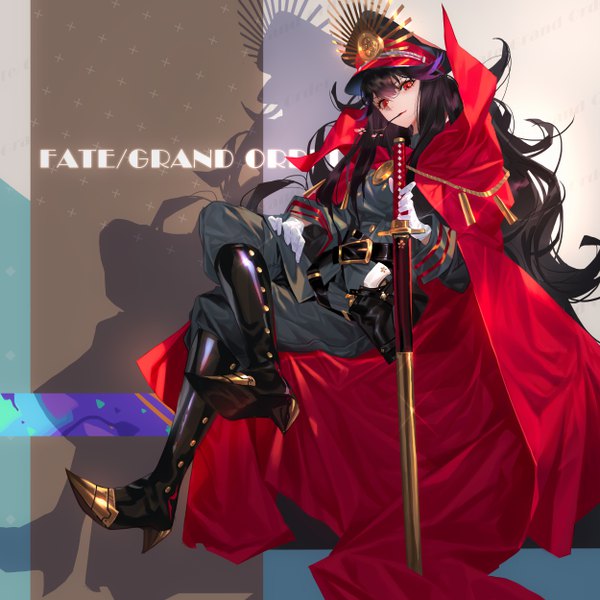 Anime picture 5000x5000 with fate (series) fate/grand order koha-ace oda nobunaga (fate) (all) oda nobunaga (fate) grandialee single fringe highres black hair hair between eyes red eyes sitting holding absurdres very long hair shadow high heels copyright name crossed legs