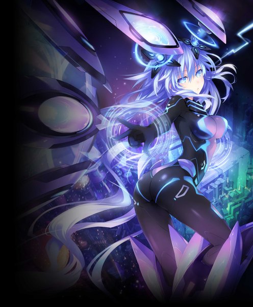 Anime picture 2100x2539 with choujigen game neptune purple heart tsunako single tall image looking at viewer fringe highres breasts light erotic purple eyes purple hair bent knee (knees) ass very long hair back magic mechanical wings girl wings