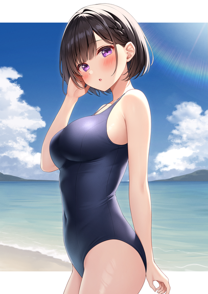 Anime picture 2508x3541 with original inoue yurina karutamo single tall image looking at viewer blush fringe highres short hair breasts open mouth light erotic black hair large breasts standing purple eyes sky cloud (clouds) blunt bangs