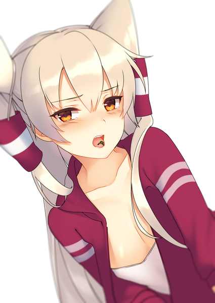 Anime picture 2508x3541 with kantai collection amatsukaze destroyer lio (rumei2265874644) single long hair tall image blush fringe highres open mouth light erotic simple background hair between eyes white background silver hair orange eyes two side up embarrassed alternate costume girl