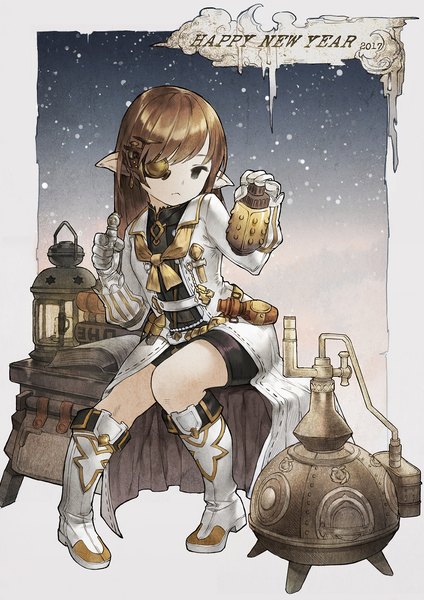Anime picture 1485x2100 with final fantasy final fantasy xiv square enix lalafell baiguiyu single long hair tall image brown hair sitting pointy ears black eyes snowing new year happy new year 2017 steam punk girl gloves shorts