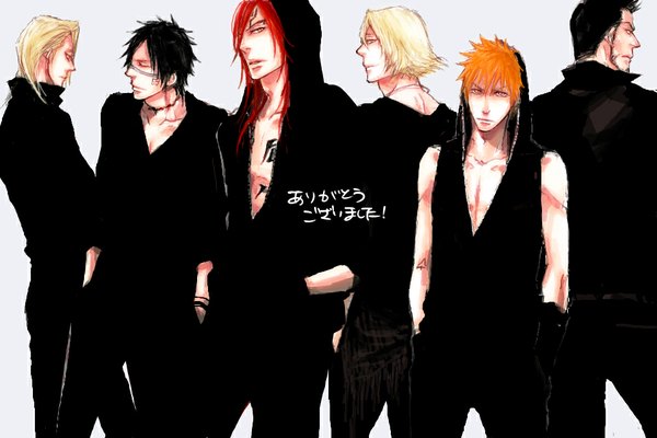 Anime picture 960x640 with bleach studio pierrot kurosaki ichigo abarai renji urahara kisuke hisagi shuuhei kira izuru kurosaki isshin long hair looking at viewer short hair black hair blonde hair simple background standing looking away red hair parted lips looking back lips