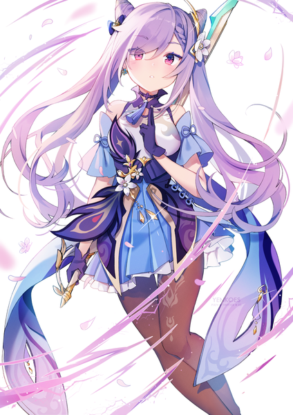 Anime picture 1000x1416 with genshin impact keqing (genshin impact) yenkoes single long hair tall image fringe purple eyes twintails signed purple hair :o hair bun (hair buns) girl gloves flower (flowers) weapon petals pantyhose sword