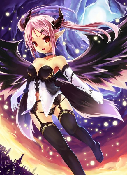 Anime picture 800x1100 with original taletale single long hair tall image looking at viewer breasts open mouth light erotic red eyes twintails bare shoulders pink hair cloud (clouds) horn (horns) pointy ears no shoes evening sunset black wings