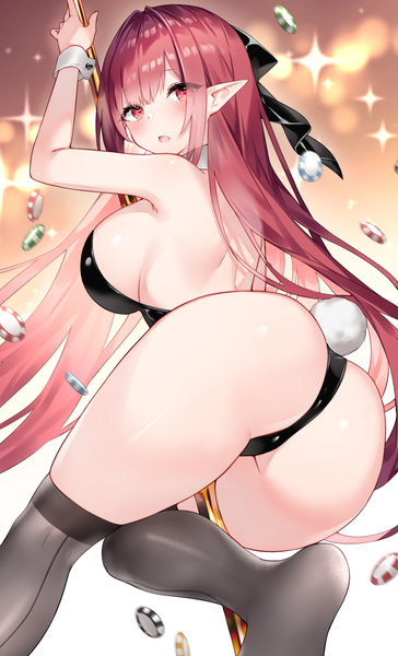 Anime picture 807x1329 with original touwa nikuman single long hair tall image looking at viewer blush fringe breasts open mouth light erotic hair between eyes red eyes large breasts bare shoulders payot bent knee (knees) ass red hair tail