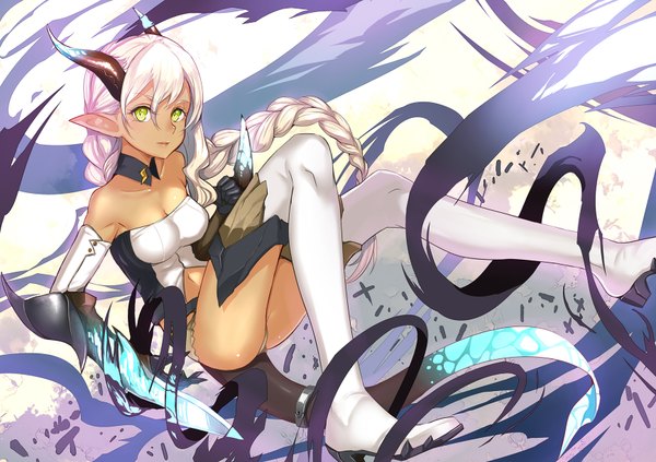 Anime picture 1736x1224 with original pixiv fantasia realmbw single long hair looking at viewer highres light erotic yellow eyes white hair braid (braids) horn (horns) pointy ears girl weapon sword boots thigh boots