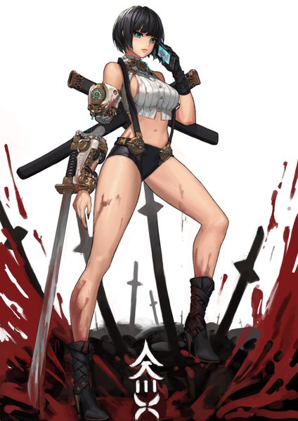 Anime picture 2480x3508 with original ake (cherrylich) single tall image looking at viewer highres short hair blue eyes black hair mechanical parts girl navel weapon sword shorts boots katana short shorts blood phone