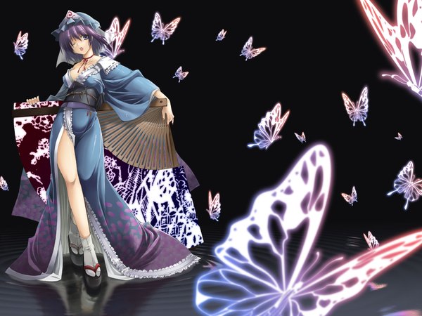 Anime picture 1600x1200 with touhou saigyouji yuyuko minakuchi takashi single short hair open mouth blue eyes purple hair traditional clothes japanese clothes one eye closed legs reflection ripples girl hat choker water socks insect