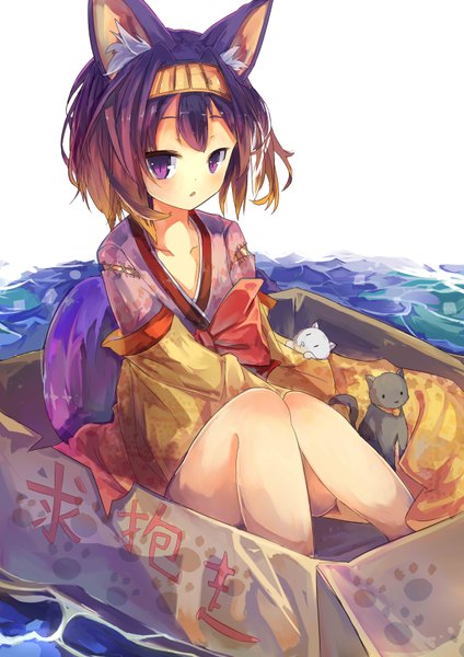 Anime picture 2480x3507 with no game no life madhouse hatsuse izuna mitu yang single tall image looking at viewer blush highres short hair breasts open mouth white background sitting purple eyes animal ears blue hair traditional clothes japanese clothes cat ears