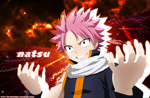 Anime picture 2085x1367 with fairy tail natsu dragneel natsudrgonil single highres short hair smile pink hair black eyes inscription sleeveless grin coloring boy scarf