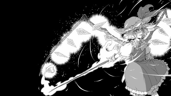Anime picture 1920x1080 with touhou flandre scarlet sunatoshi single looking at viewer highres short hair wide image wallpaper black background monochrome double buttons skirt hold evil grin girl skirt ribbon (ribbons) weapon hat wings
