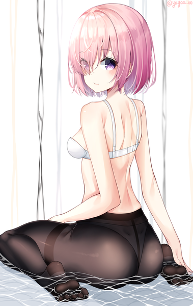 Anime picture 2854x4512 with fate (series) fate/grand order mash kyrielight yaya (yayaa 00) single tall image looking at viewer blush fringe highres short hair breasts light erotic sitting purple eyes bare shoulders signed pink hair ass looking back
