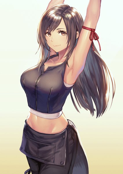 Anime picture 2896x4093 with final fantasy final fantasy vii square enix tifa lockhart anbe yoshirou single long hair tall image looking at viewer blush fringe highres breasts light erotic black hair simple background large breasts standing brown eyes payot