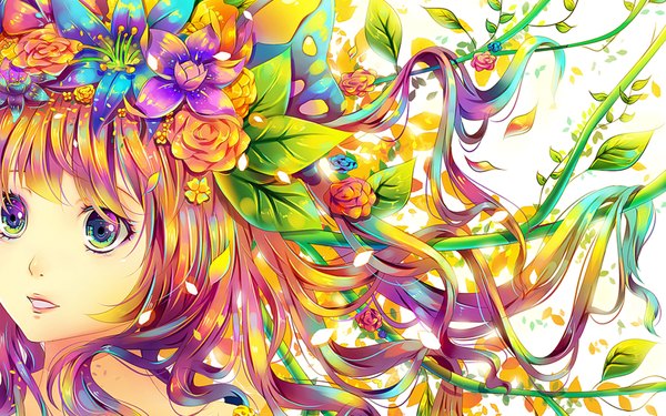 Anime picture 1680x1050 with original raayzel single long hair open mouth wide image bare shoulders multicolored hair hair flower multicolored eyes girl hair ornament flower (flowers) plant (plants) leaf (leaves) branch