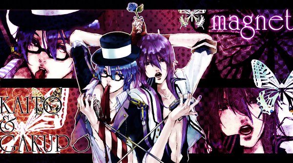 Anime picture 1580x880 with vocaloid magnet (vocaloid) kaito (vocaloid) kamui gakupo akiakane long hair short hair wide image blue hair purple hair ponytail nail polish open clothes mouth hold holding hands twisty sleeves singing boy gloves uniform