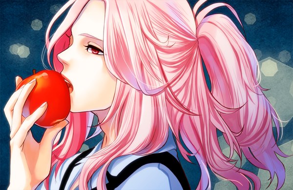 Anime picture 900x585 with mawaru penguindrum watase sanetoshi okeya (ol23) single long hair fringe open mouth red eyes holding looking away pink hair profile boy fruit apple