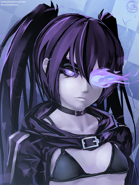 Anime picture 750x1000 with black rock shooter black rock shooter (character) krokobyaka single long hair tall image looking at viewer fringe breasts light erotic simple background twintails purple eyes signed purple hair ahoge head tilt lips glowing portrait