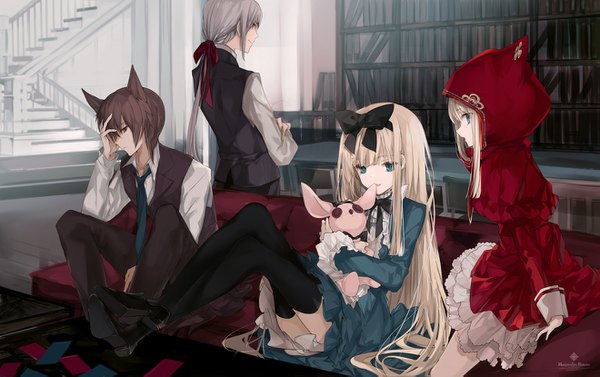 Anime picture 1319x829 with marionnette histoire original amiika kurenberu wolf (marionnette histoire) cierra (ra-bit) long hair fringe short hair blonde hair red eyes brown hair standing sitting multiple girls brown eyes animal ears payot grey hair from behind multiple boys