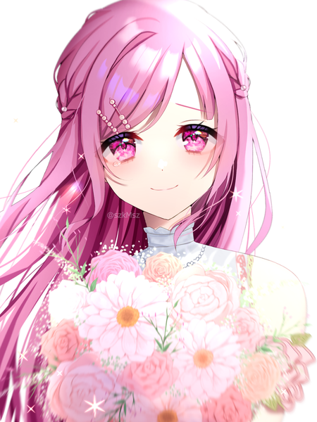 Anime-Bild 1536x2048 mit project sekai ootori emu szmymsz single long hair tall image looking at viewer simple background smile white background pink hair upper body pink eyes sparkle girl flower (flowers) bobby pin bouquet teardrop