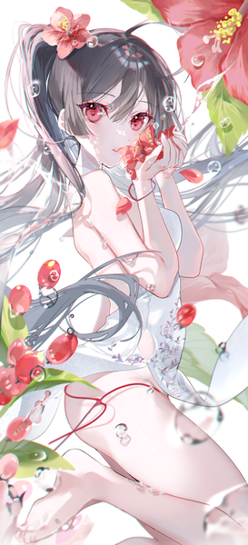 Anime-Bild 802x1761 mit original miwano rag single long hair tall image looking at viewer fringe light erotic hair between eyes red eyes twintails bare shoulders holding signed ahoge bent knee (knees) traditional clothes barefoot hair flower grey hair