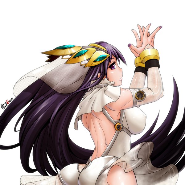 Anime picture 1380x1380 with original caooll (co-ohol) single breasts light erotic simple background large breasts white background purple eyes purple hair ass very long hair looking back girl clothes