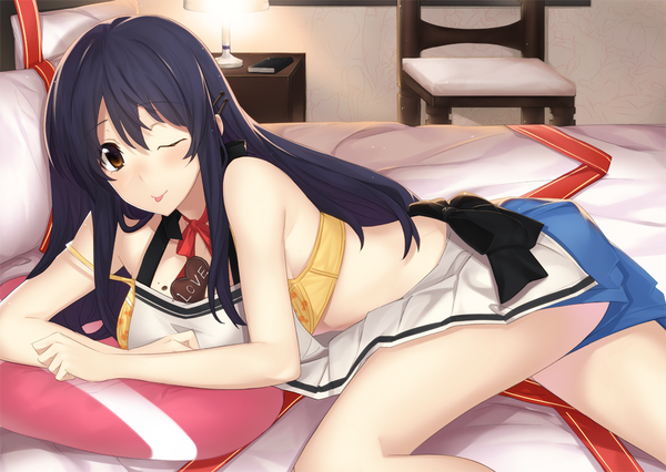 Anime picture 1000x711 with original 1000000000 single long hair blush light erotic black hair brown eyes one eye closed wink :p valentine girl food sweets tongue pillow bed apron chocolate