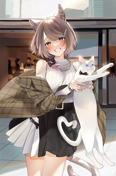 Anime picture 1328x2000 with original sino42 tall image looking at viewer blush fringe short hair smile hair between eyes brown hair standing bare shoulders holding animal ears outdoors tail head tilt animal tail pleated skirt cat ears