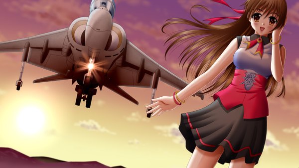 Anime picture 1366x768 with original ilolamai single long hair black hair wide image orange eyes girl dress bracelet aircraft airplane jet