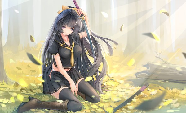 Anime picture 1800x1102 with benghuai xueyuan honkai (series) kikivi single long hair looking at viewer fringe highres light erotic black hair smile wide image sitting purple eyes bent knee (knees) blunt bangs braid (braids) pleated skirt sunlight side braid