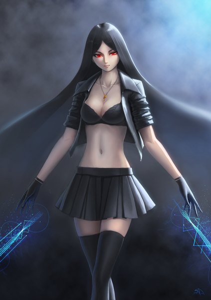 Anime picture 1748x2480 with original darkmuleth single long hair tall image highres black hair red eyes open clothes midriff open shirt girl thighhighs skirt gloves navel black thighhighs miniskirt