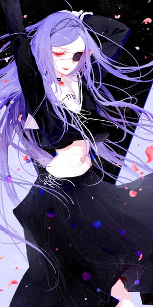 Anime picture 1500x3000 with original moss (2225028) single tall image fringe red eyes standing purple hair long sleeves very long hair arms up bare belly midriff lipstick black background looking down zodiac scorpius (zodiac) girl skirt