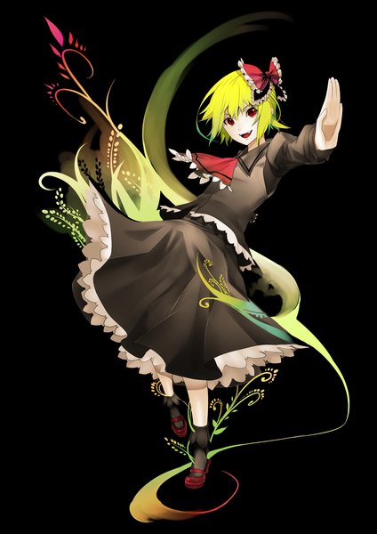 Anime picture 2480x3507 with touhou rumia kusakanmuri tsukimoto aoi single tall image highres short hair blonde hair smile red eyes teeth fang (fangs) black background colored girl skirt bow skirt set