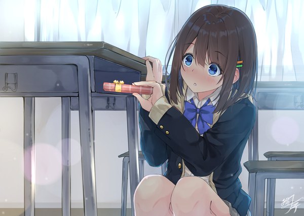 Anime picture 1529x1087 with original miko fly single blush fringe short hair blue eyes hair between eyes brown hair holding signed payot looking away bent knee (knees) indoors parted lips open clothes squat valentine classroom