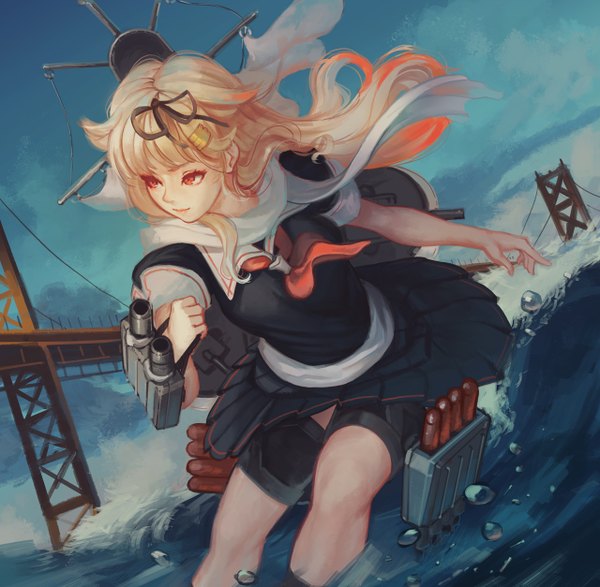 Anime picture 1280x1254 with kantai collection yuudachi destroyer saimon ma single long hair fringe blonde hair red eyes looking away sky blunt bangs multicolored hair light smile wind two-tone hair remodel (kantai collection) girl uniform ribbon (ribbons) weapon