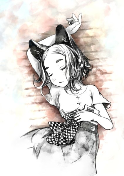 Anime picture 900x1280 with original yunar single tall image blush short hair black hair smile holding animal ears lying eyes closed light smile from above arms up monochrome sleeping checkered girl skirt