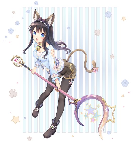 Anime picture 1042x1136 with original sayika single long hair tall image looking at viewer blush fringe open mouth blue eyes black hair simple background white background holding animal ears payot full body tail animal tail cat ears