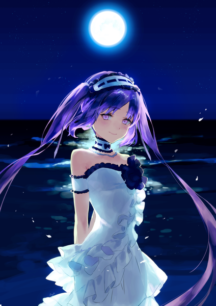 Anime picture 618x875 with fate (series) fate/grand order fate/hollow ataraxia stheno maeya susumu single long hair tall image looking at viewer blush smile purple eyes bare shoulders purple hair night hands behind back horizon girl dress white dress