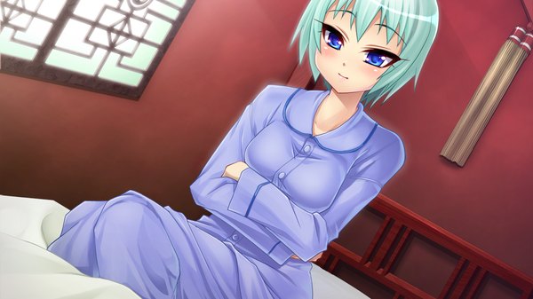Anime picture 1280x720 with sangoku hime unicorn-a blush short hair blue eyes wide image game cg aqua hair girl pajamas