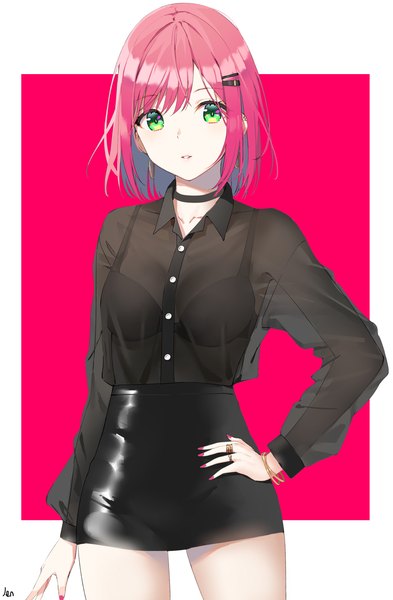Anime picture 2622x4000 with original arjent single tall image looking at viewer highres short hair standing green eyes pink hair nail polish hand on hip pink background red nail polish girl skirt miniskirt choker bracelet lingerie