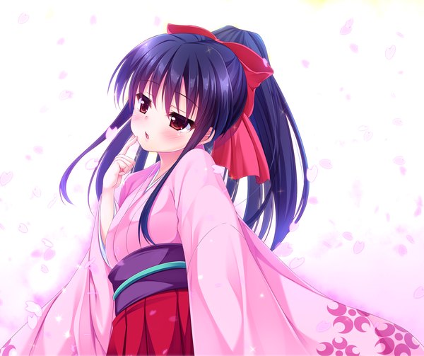 Anime picture 2518x2112 with sakura taisen shinguuji sakura takuma ss single long hair blush fringe highres red eyes purple eyes payot looking away upper body ponytail traditional clothes parted lips head tilt japanese clothes multicolored hair wide sleeves
