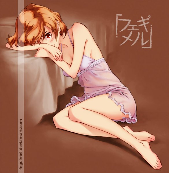 Anime picture 800x821 with feguimel single tall image looking at viewer blush short hair light erotic red eyes signed orange hair legs sleeveless girl nightie