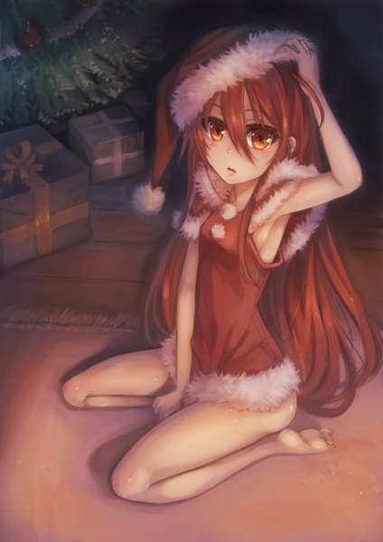 Anime picture 992x1403 with shakugan no shana j.c. staff shana ks single long hair tall image looking at viewer blush open mouth red eyes red hair barefoot bare legs fur trim christmas girl hat fur gift
