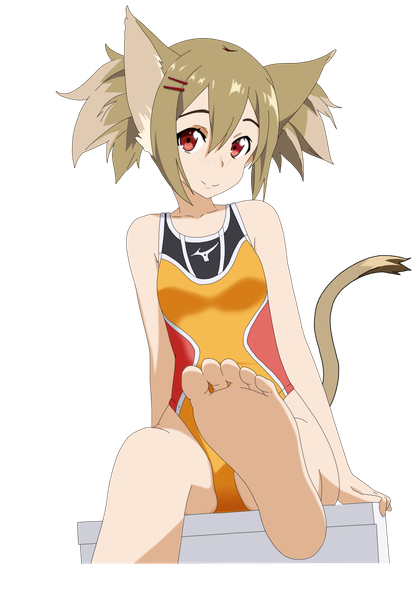 Anime picture 1396x2000 with sword art online a-1 pictures silica shugo19 single tall image looking at viewer fringe short hair light erotic simple background blonde hair smile hair between eyes red eyes sitting animal ears cat ears from below cat girl