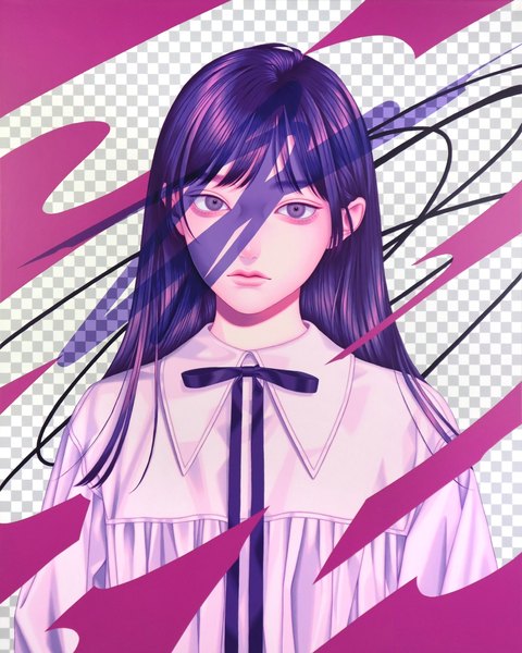 Anime picture 1361x1701 with original konno mayumi single long hair tall image looking at viewer purple hair head tilt lips realistic grey eyes expressionless traditional media abstract acrylic paint (medium) girl ribbon (ribbons) blouse