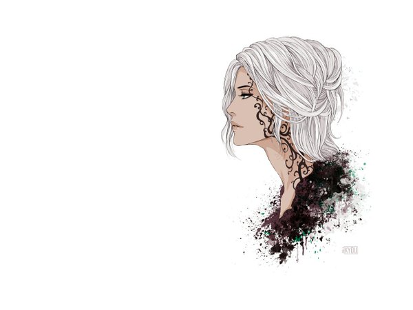 Anime picture 1280x960 with original kyoux (artist) single long hair short hair simple background white background silver hair white hair profile grey hair tattoo girl splashes