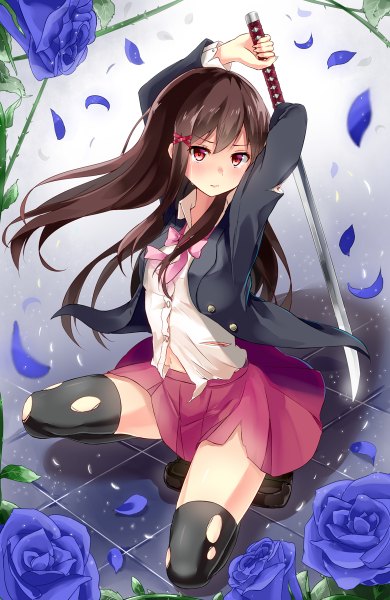 Anime picture 780x1200 with original warirui single long hair tall image looking at viewer blush fringe simple background red eyes brown hair tears torn clothes squat crying girl thighhighs skirt navel uniform
